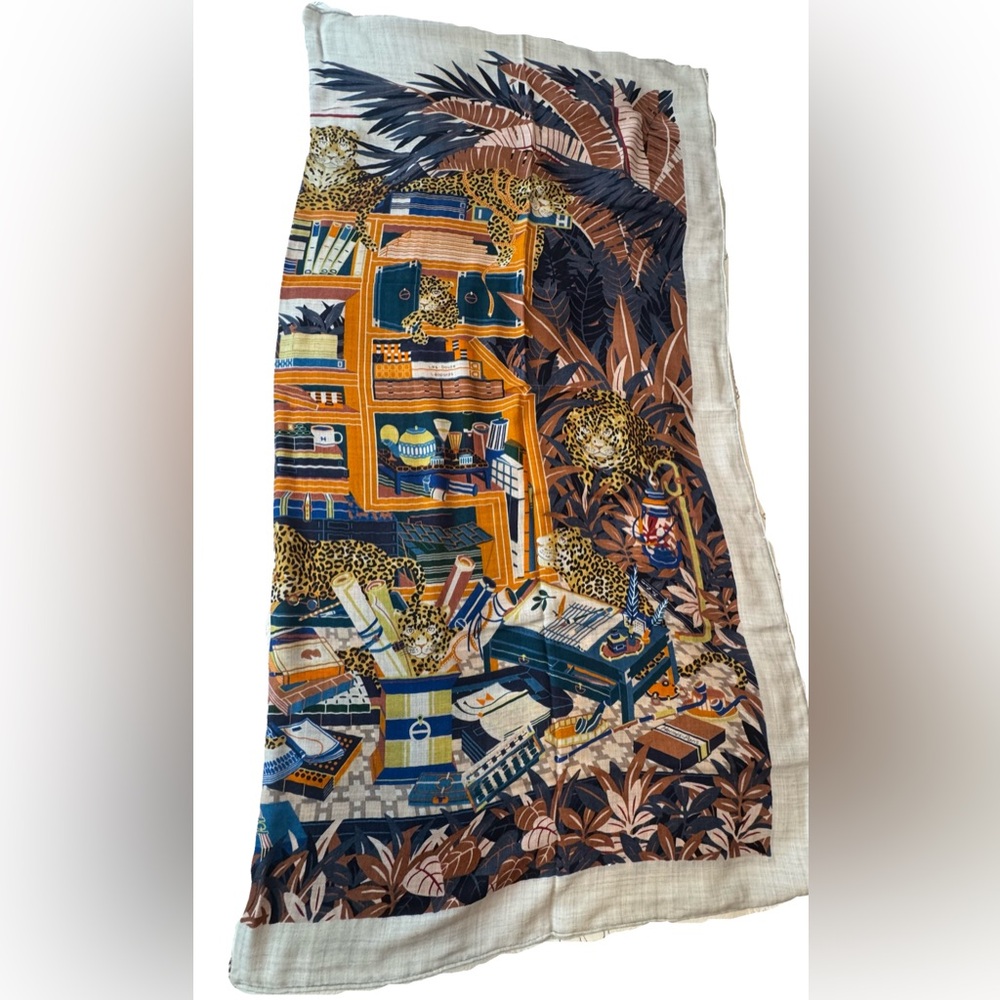 Hermes Cashmere Silk 54"x54" shawl Les Douze Leopards 140 cm Scarf Pristine